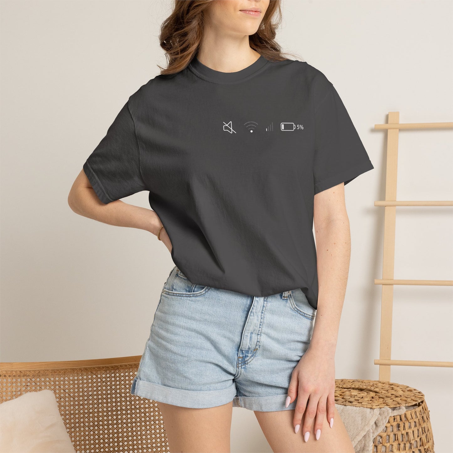 Low Battery • Muted • Low Wi‑Fi T-Shirt — Tech Life Indicator