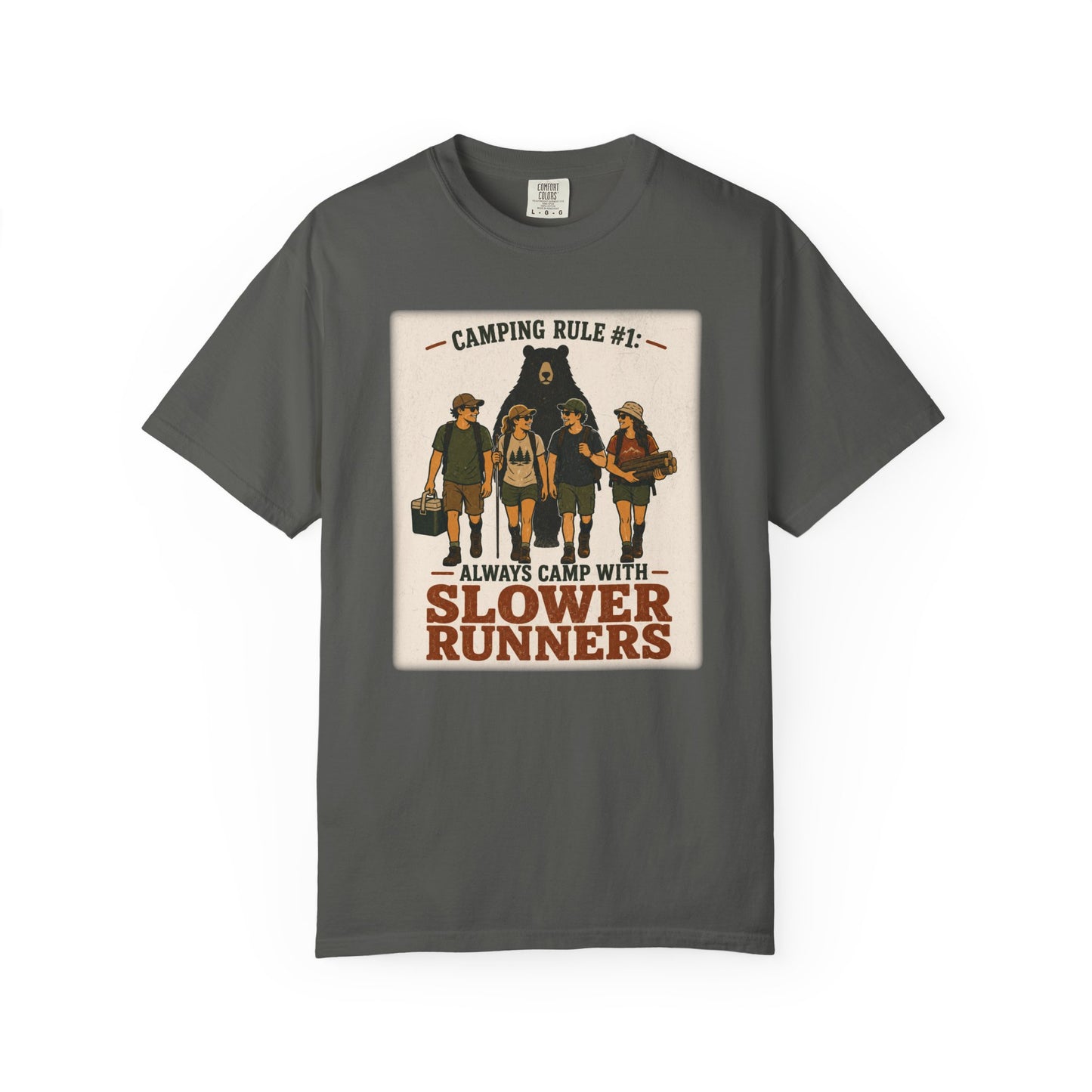 Camping Rule T-Shirt — “Always Camp with Slower Runners” Vintage Outdoor Tee