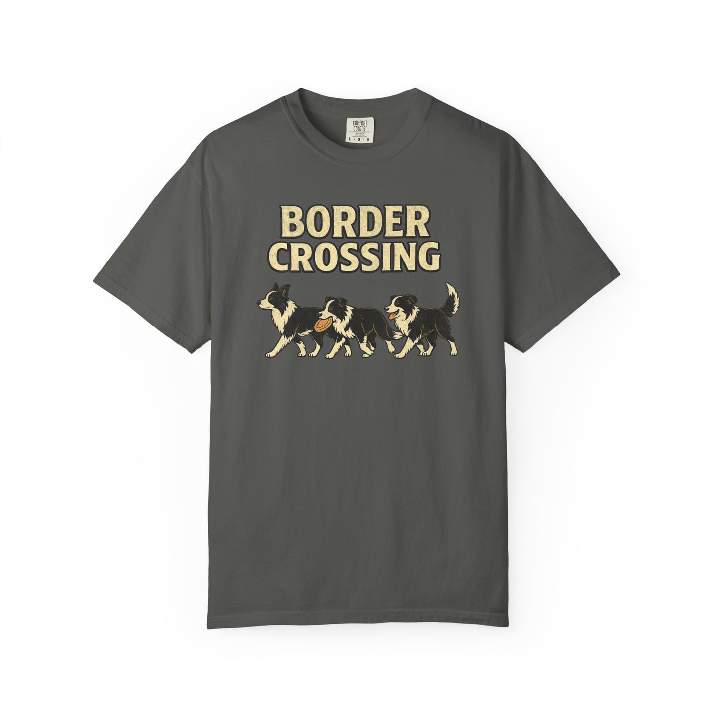 Vintage Graphic Border Collie 'Border Crossing' T-Shirt, Funny Gift for Border Collie and Dog Lovers