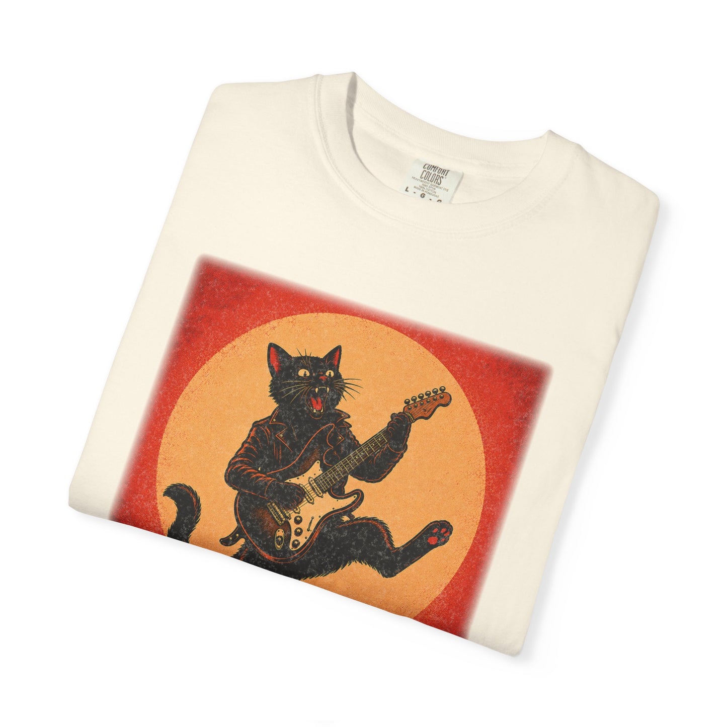 Retro Distressed Black Cat Rocker T-Shirt — Jumping Guitar Vintage Tee