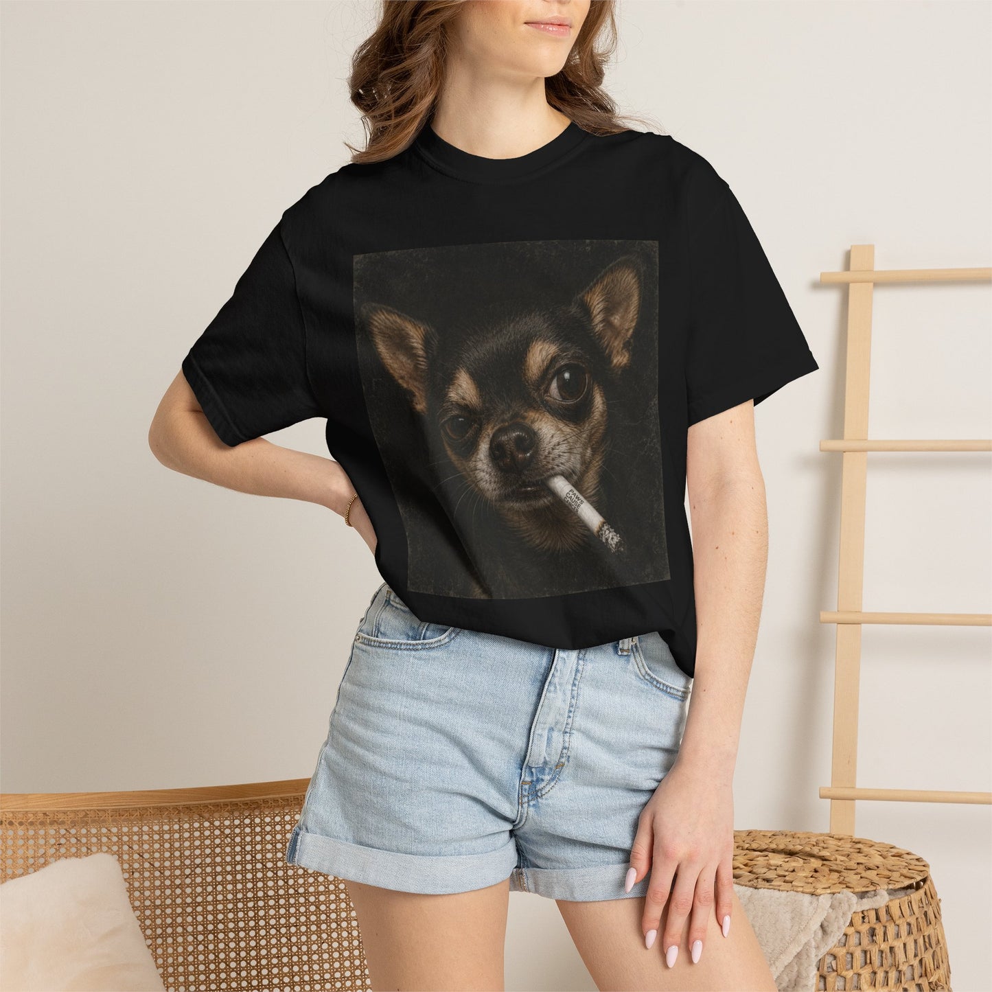 Tough Side-Eye Chihuahua T-Shirt — Distressed Photo Realistic ’Paws Cause Cancer’ Design