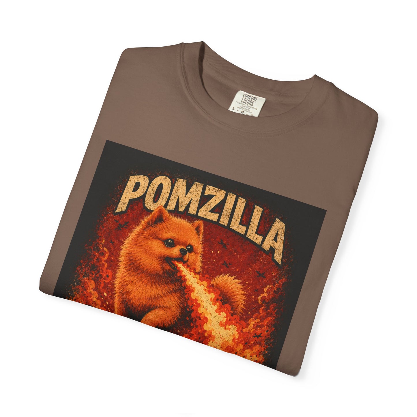 Pomzilla Funny Pomeranian Monster T-Shirt | Retro Kaiju Dog Graphic Tee | Vintage Fire-Breathing Pom Shirt