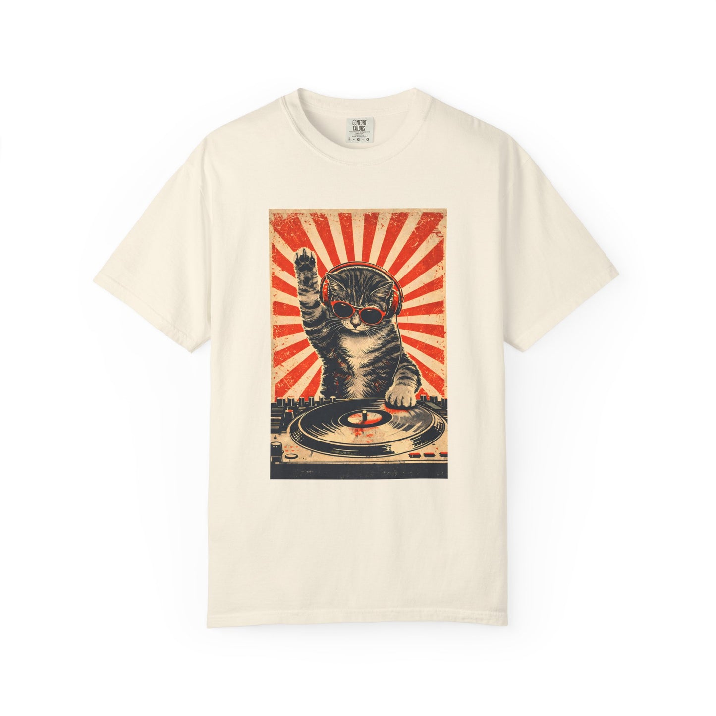 Retro DJ Cat T-Shirt — Vintage Sunburst Distressed Poster Design