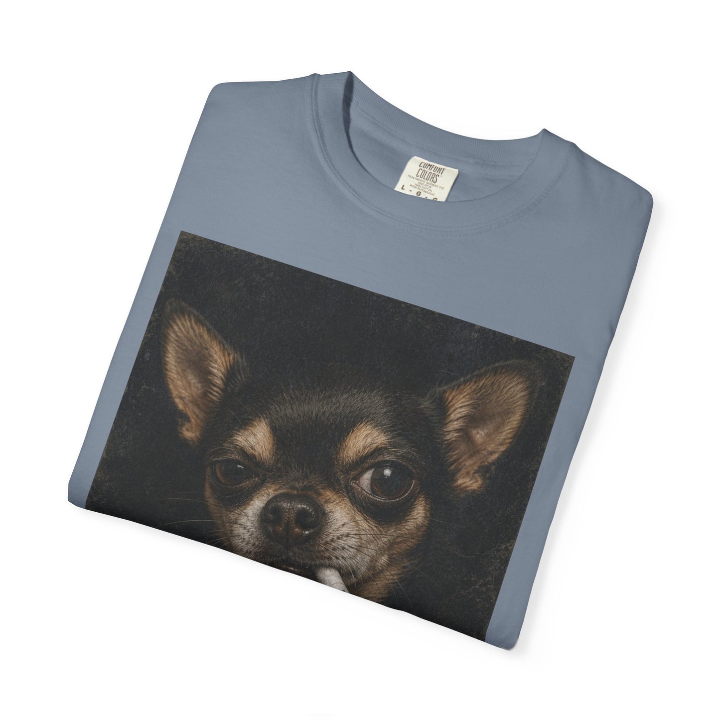 Tough Side-Eye Chihuahua T-Shirt — Distressed Photo Realistic ’Paws Cause Cancer’ Design