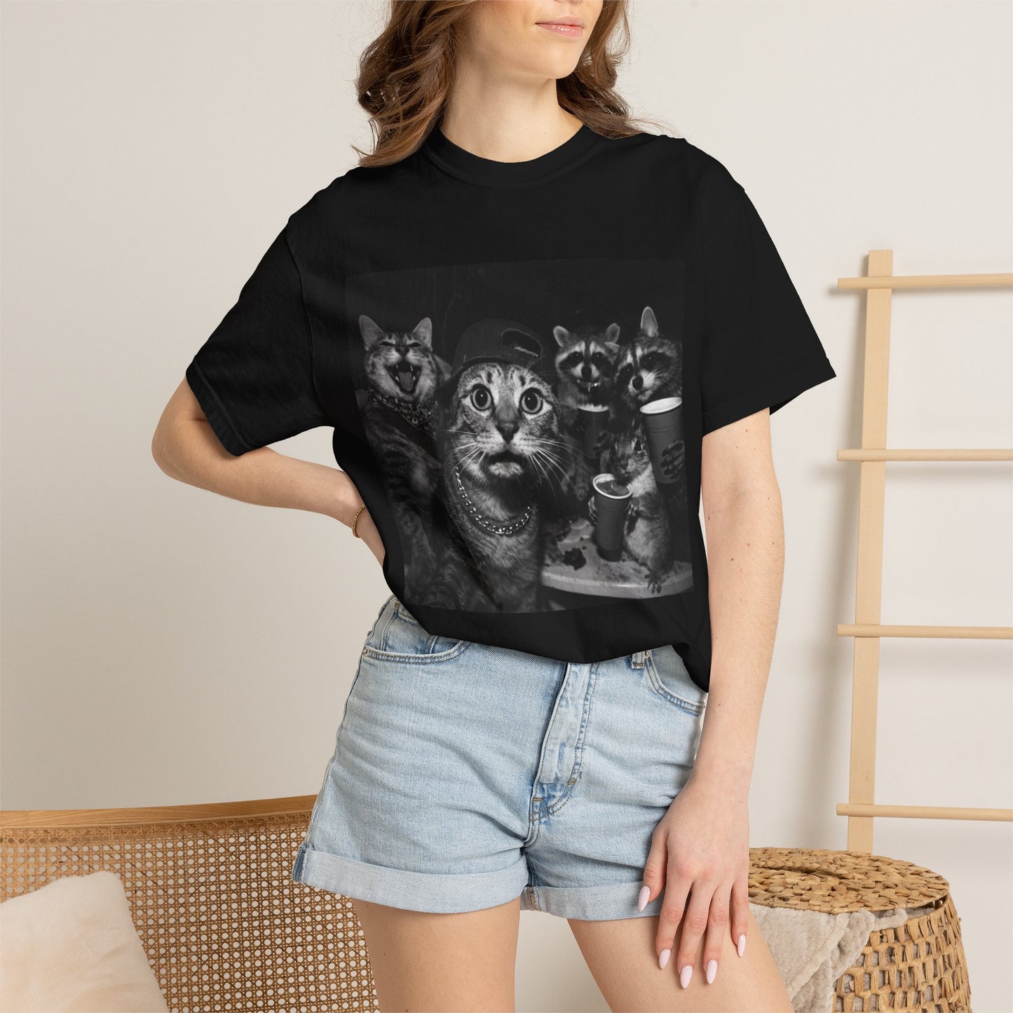 Backyard Wildlife Party T-Shirt — Funny Raccoon, Cat & Squirrel Caught in the Act