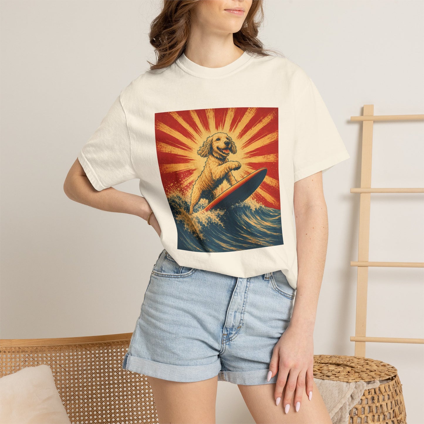 Retro Surfing Doodle Dog T-Shirt | Vintage Beach Dog Graphic Tee | Funny Coastal Summer Shirt
