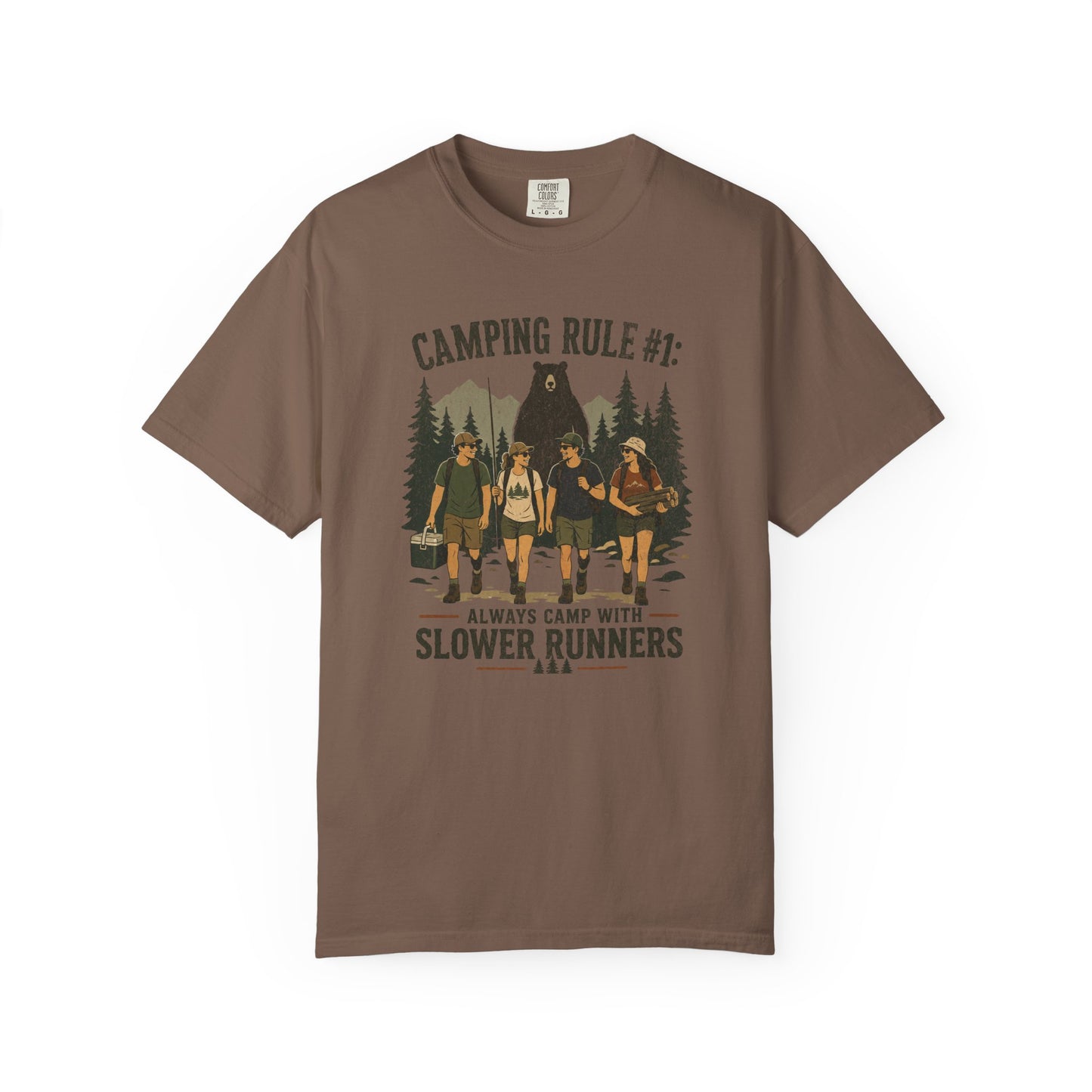 Camping Rule T-Shirt — “Always Camp with Slower Runners” Vintage Outdoor Tee