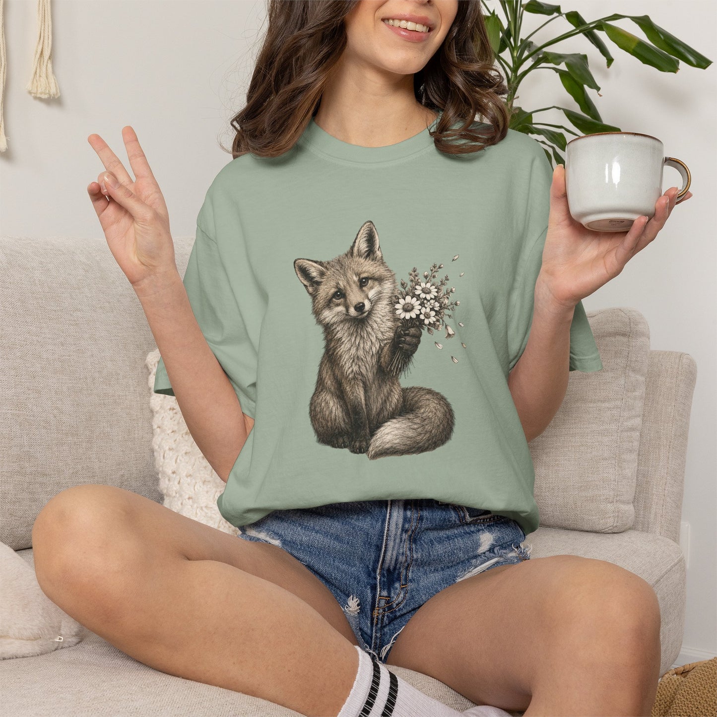 Cute Fox Holding Wildflower Bouquet T-Shirt — Gift, Nature Lover Tee, Woodland Animal Graphic Tee