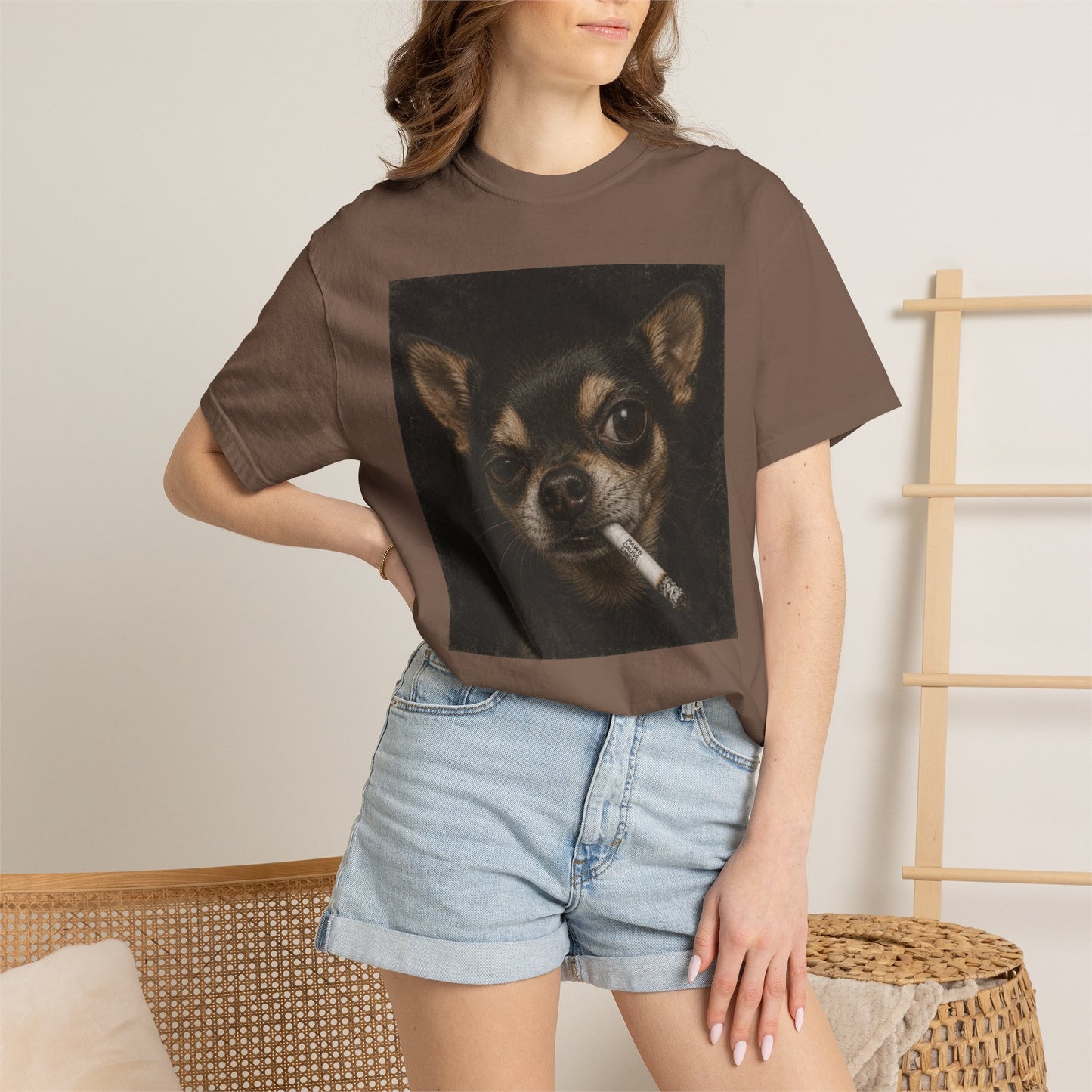 Tough Side-Eye Chihuahua T-Shirt — Distressed Photo Realistic ’Paws Cause Cancer’ Design