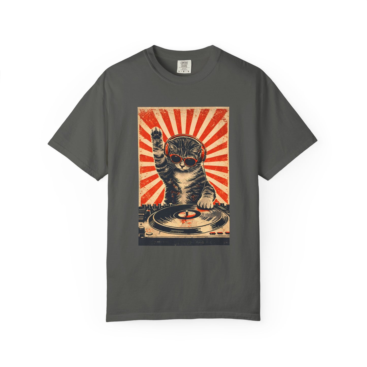 Retro DJ Cat T-Shirt — Vintage Sunburst Distressed Poster Design