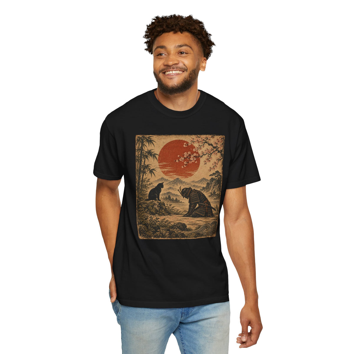 Vintage Japanese-Inspired Samurai & Black Cat Shirt Graphic Tee