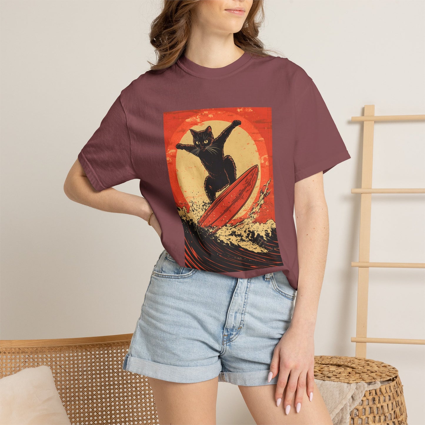 Retro Black Cat Surfing T-Shirt — Vintage Surf Poster Tee