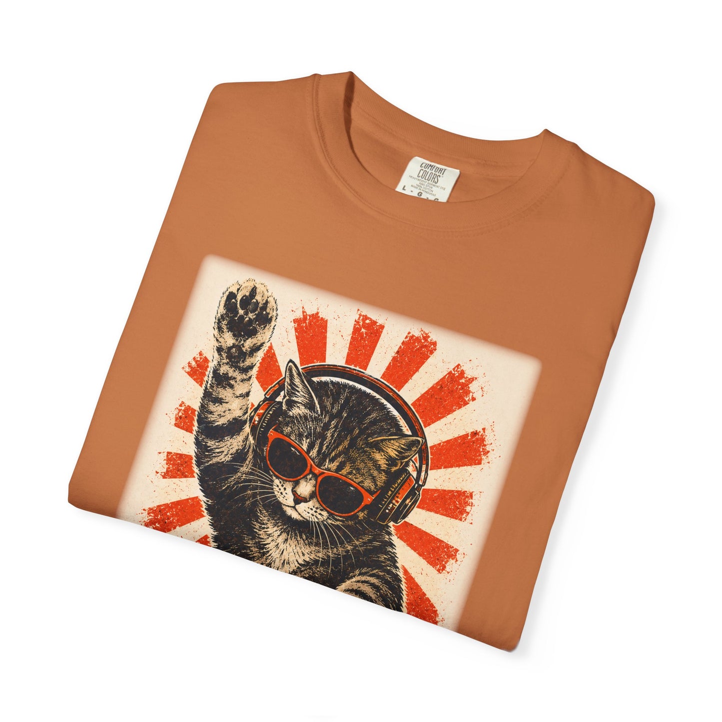 Retro DJ Cat T-Shirt — Vintage Sunburst Distressed Poster Design