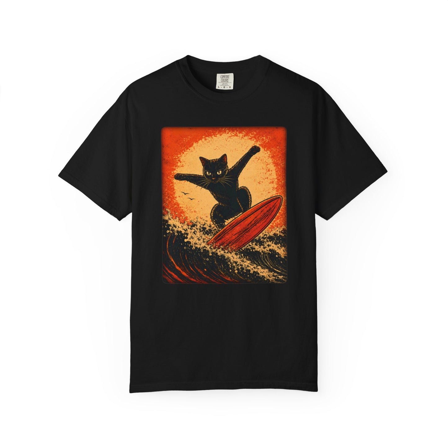 Retro Black Cat Surfing T-Shirt — Vintage Surf Poster Tee