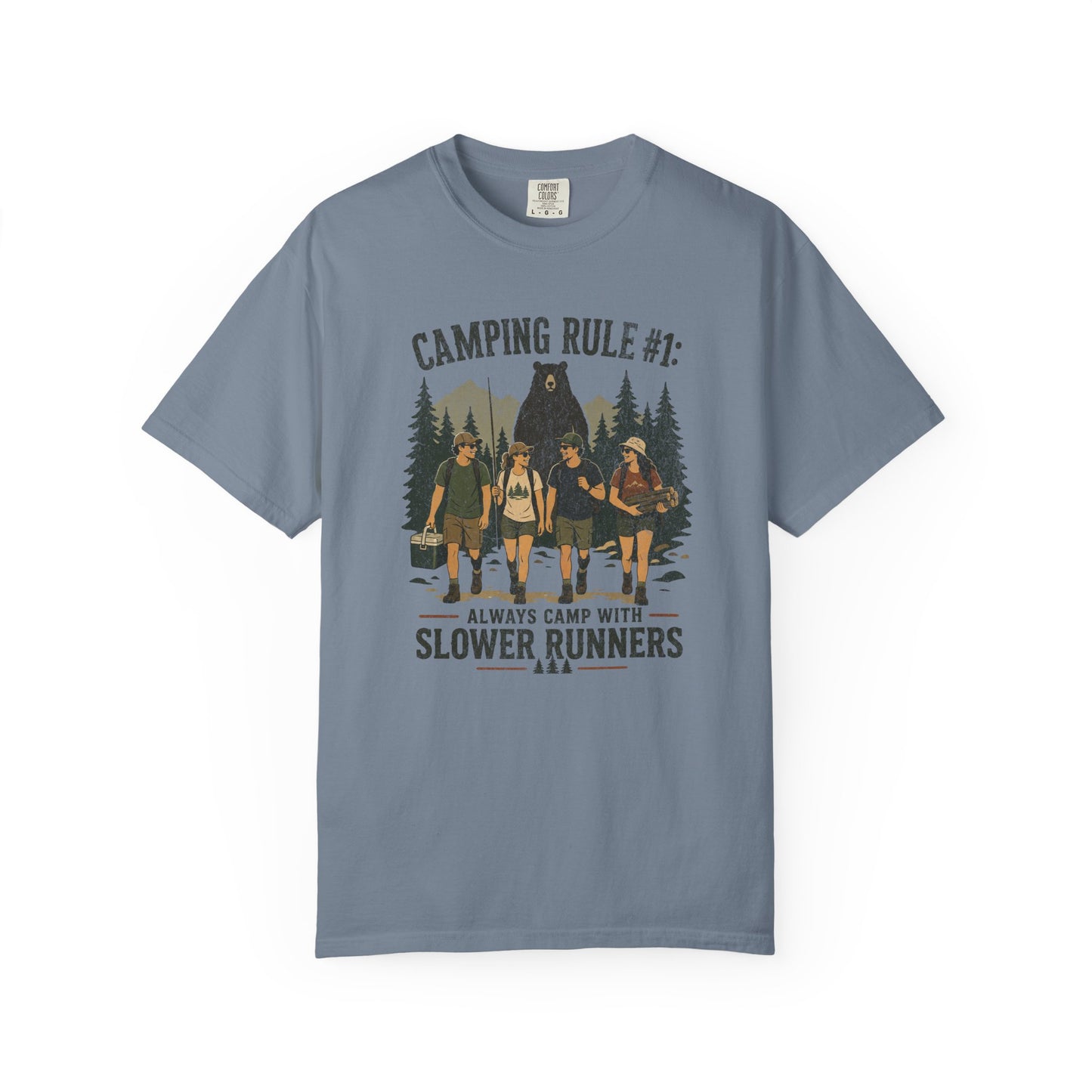 Camping Rule T-Shirt — “Always Camp with Slower Runners” Vintage Outdoor Tee