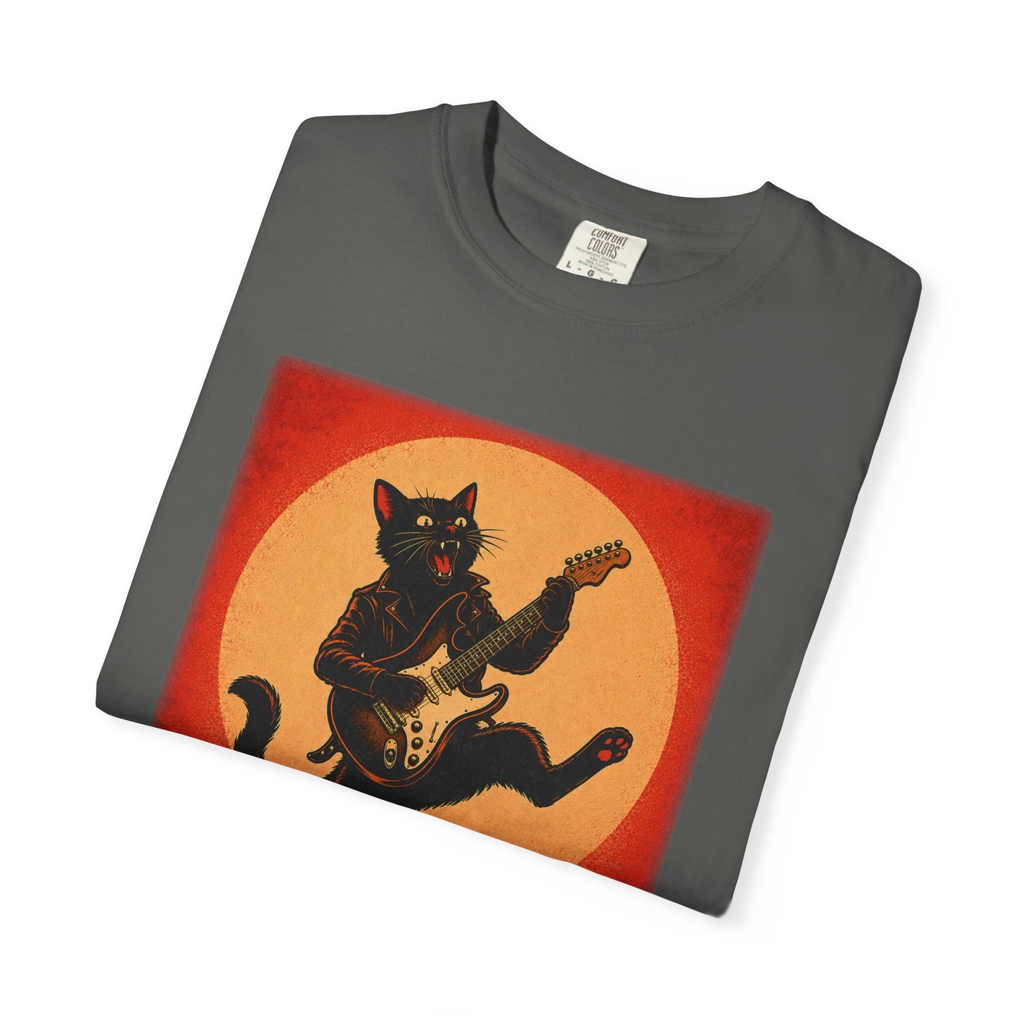 Retro Distressed Black Cat Rocker T-Shirt — Jumping Guitar Vintage Tee