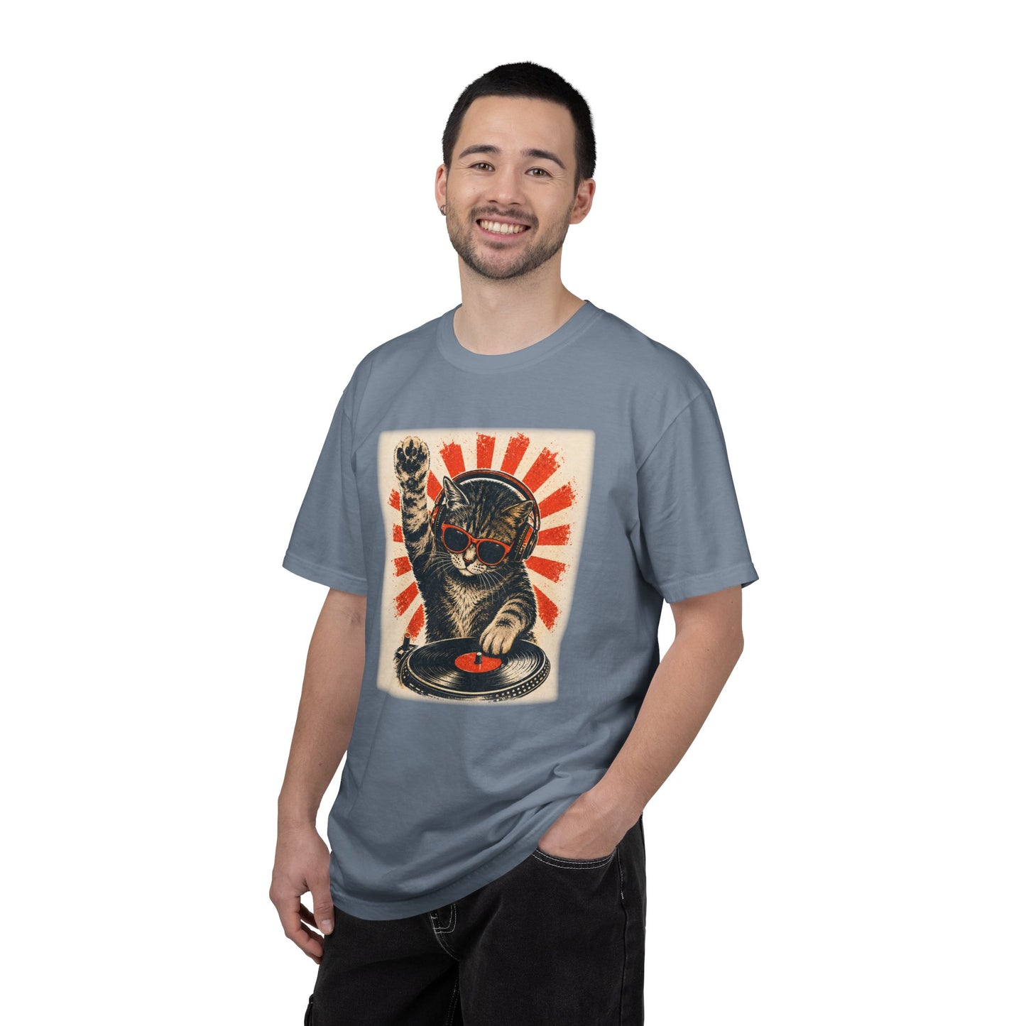 Retro DJ Cat T-Shirt — Vintage Sunburst Distressed Poster Design