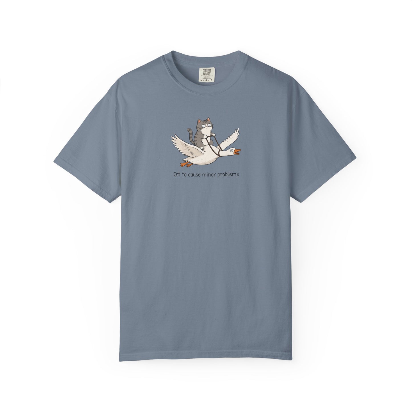 Off to Cause Minor Problems Shirt | Funny Cat Riding Goose Graphic Tee | Cute Comfort Colors® T-Shirt