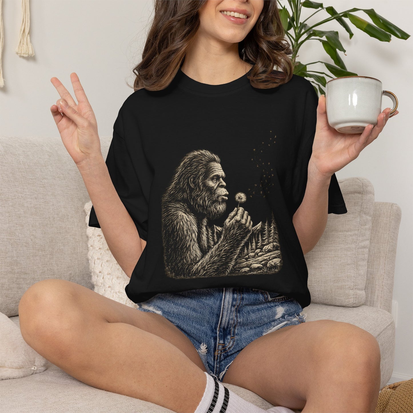Bigfoot Blowing Dandelion Wish T-Shirt — Sasquatch Hiking Camper Tee