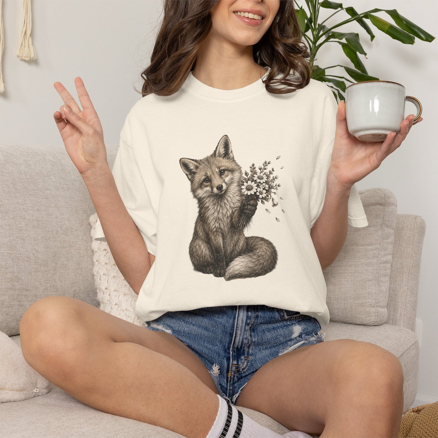 Cute Fox Holding Wildflower Bouquet T-Shirt — Gift, Nature Lover Tee, Woodland Animal Graphic Tee