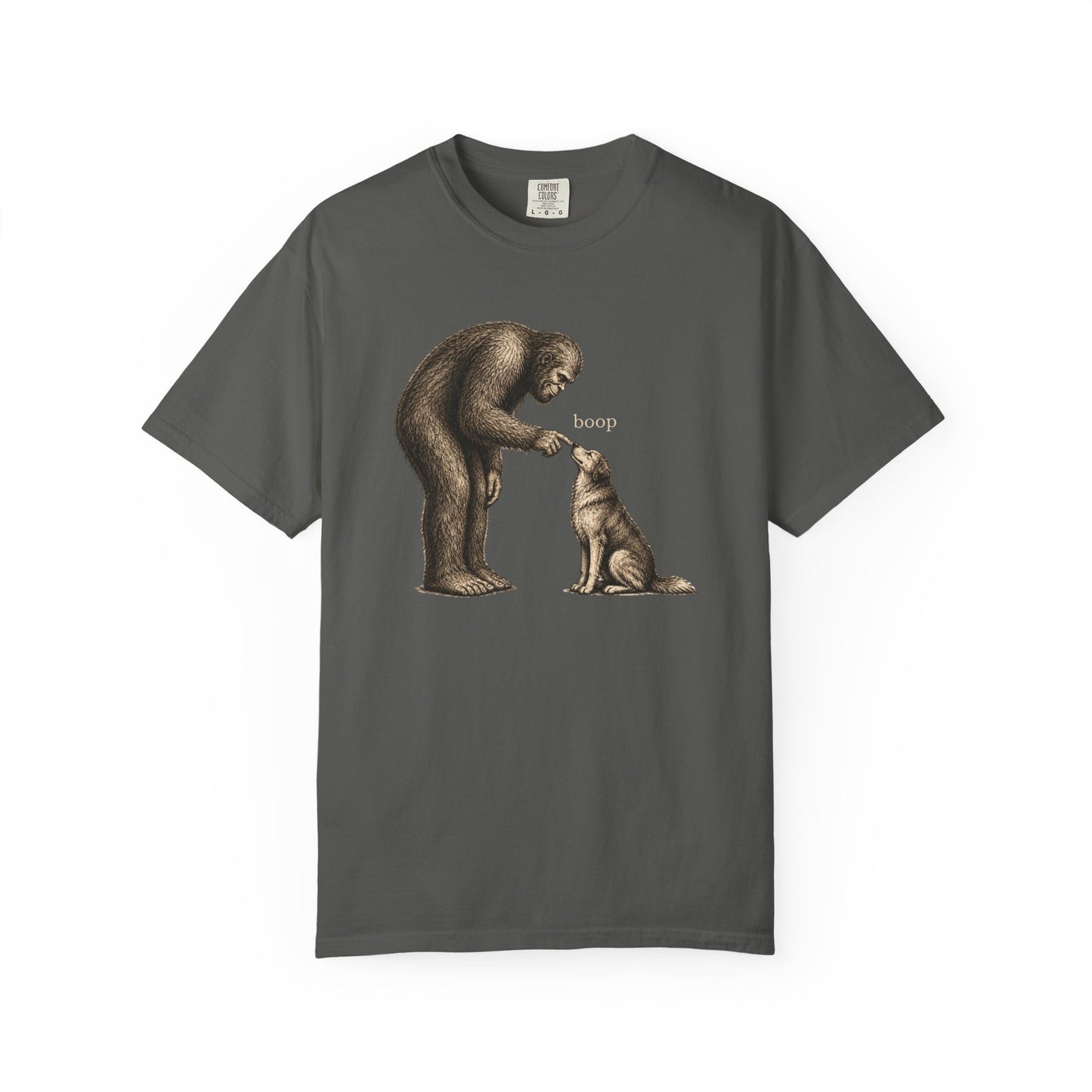 Bigfoot Booping Dog T-Shirt — Funny Sasquatch Tee for Dog Lovers