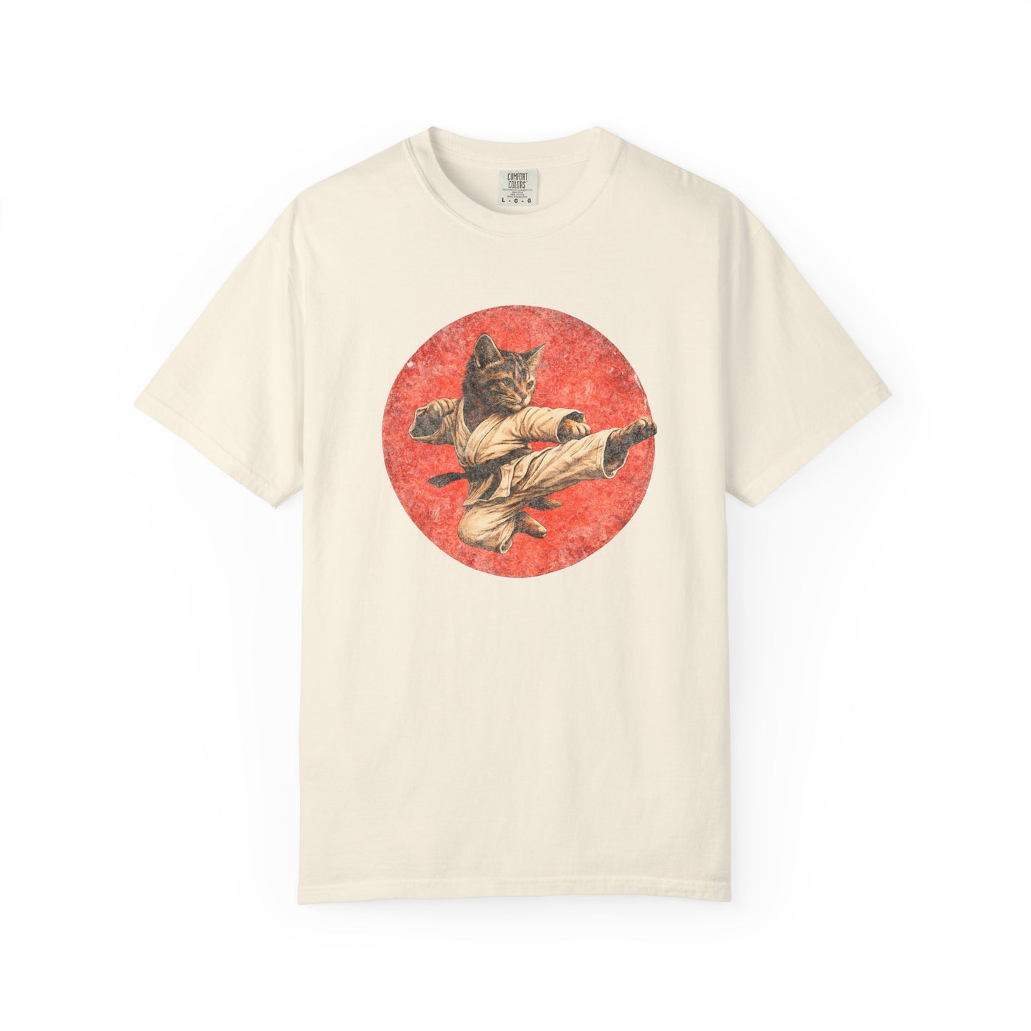 Vintage Retro Karate Kitten T-Shirt – Distressed Orange Circle Design