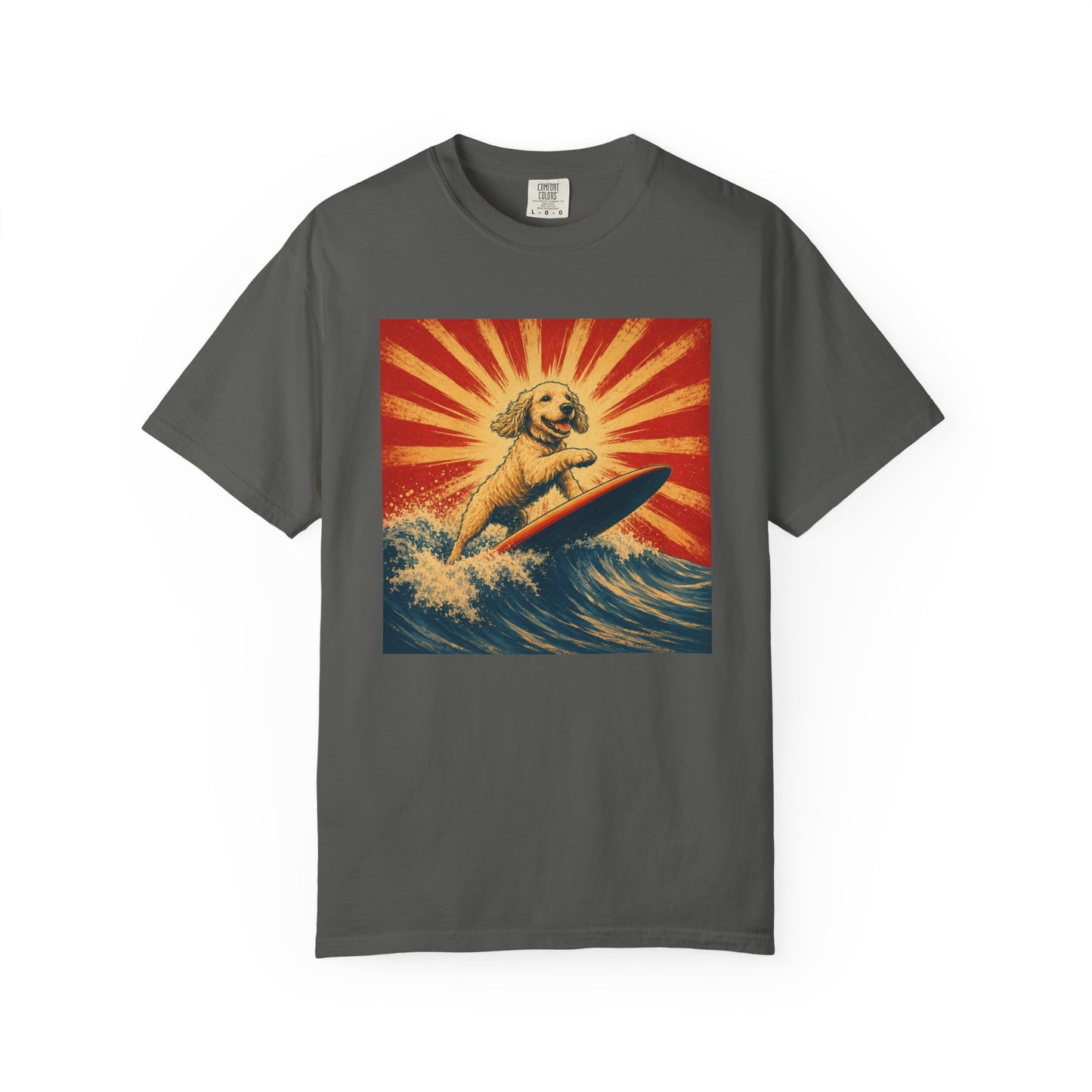 Retro Surfing Doodle Dog T-Shirt | Vintage Beach Dog Graphic Tee | Funny Coastal Summer Shirt