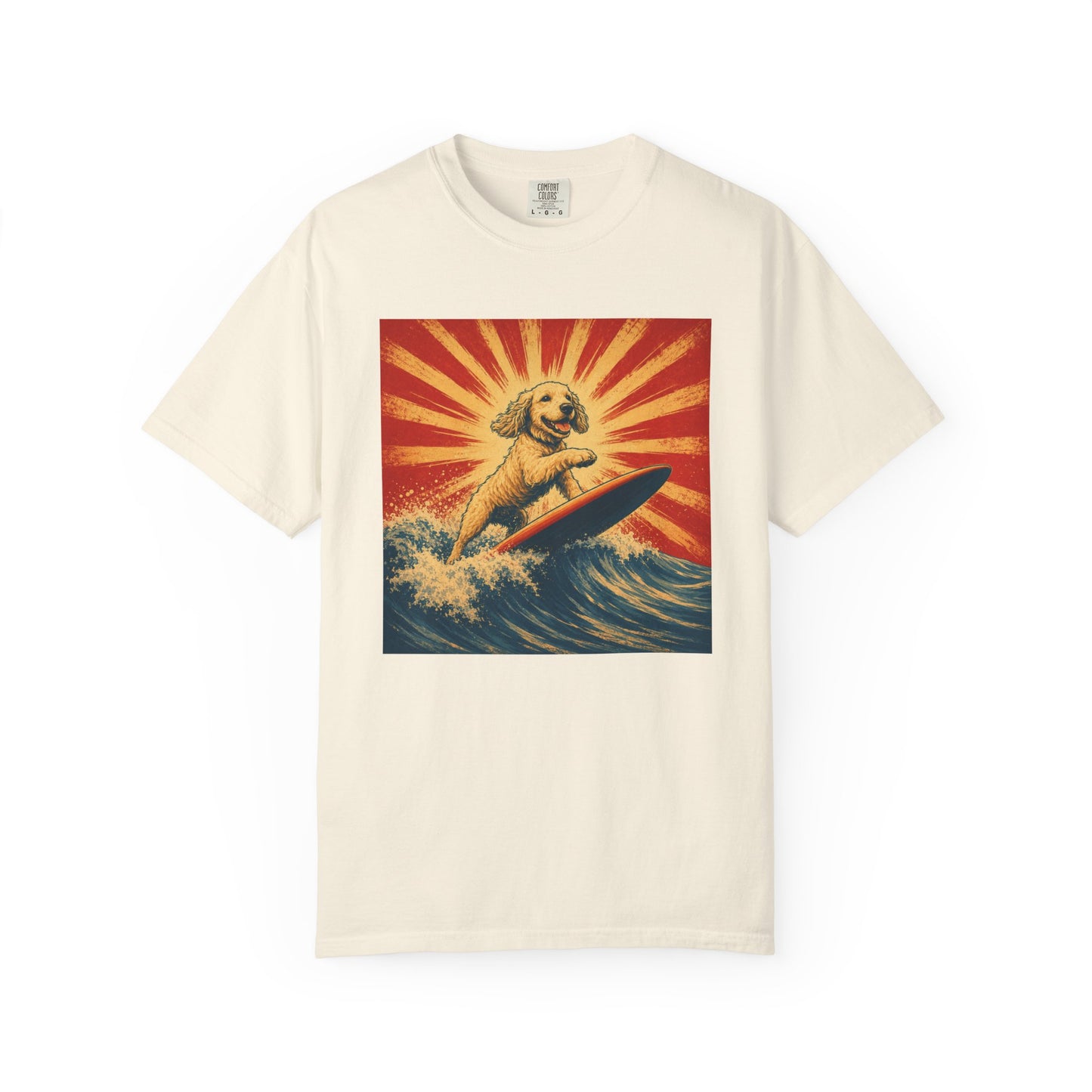 Retro Surfing Doodle Dog T-Shirt | Vintage Beach Dog Graphic Tee | Funny Coastal Summer Shirt
