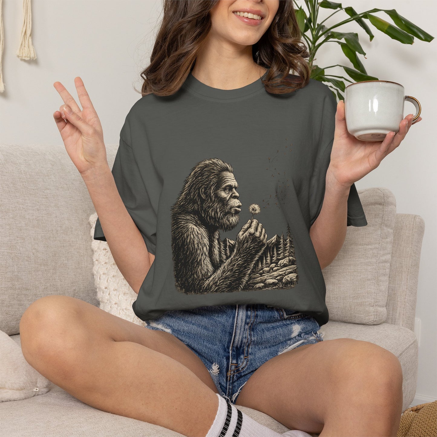Bigfoot Blowing Dandelion Wish T-Shirt — Sasquatch Hiking Camper Tee