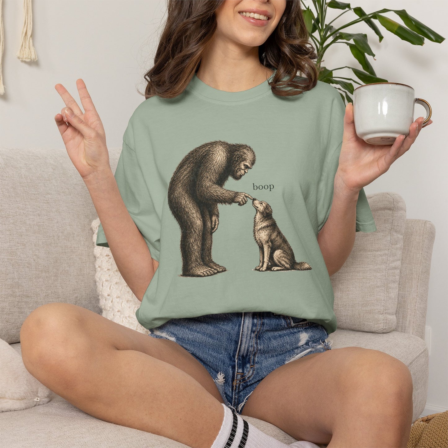 Bigfoot Booping Dog T-Shirt — Funny Sasquatch Tee for Dog Lovers