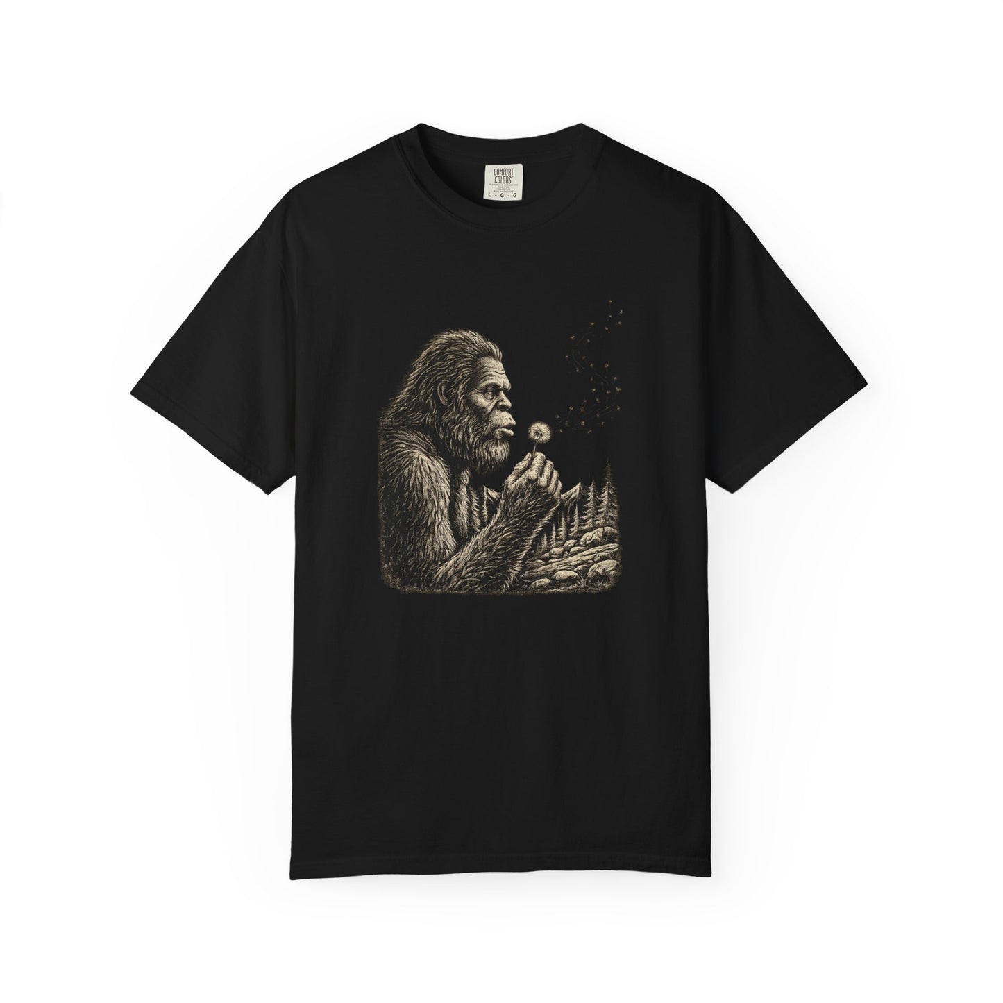 Bigfoot Blowing Dandelion Wish T-Shirt — Sasquatch Hiking Camper Tee