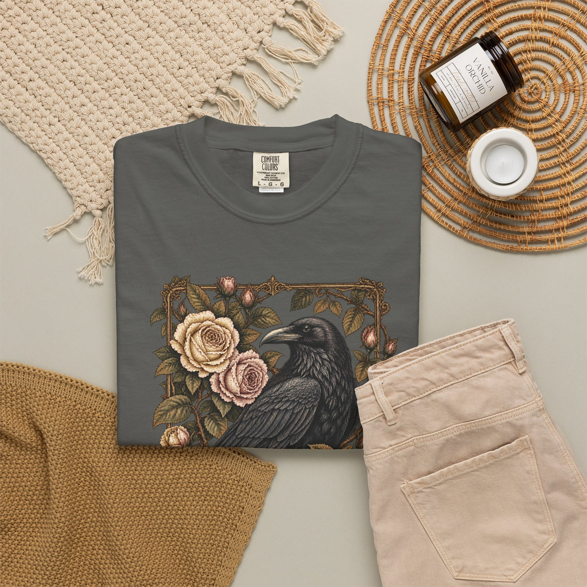 Raven & Roses Graphic T‑Shirt — Gothic Floral Botanical Vintage Tee