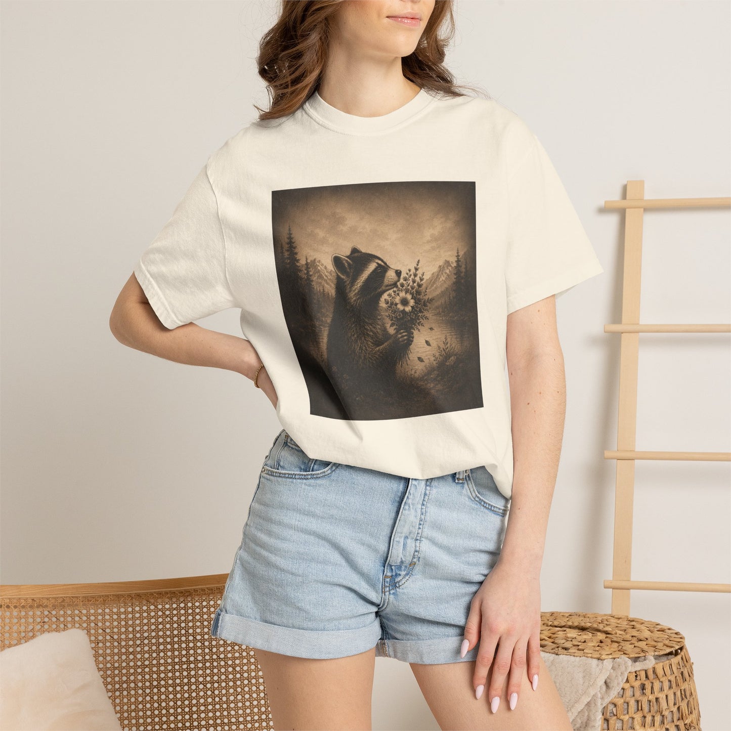 Raccoon with Roses Vintage T-Shirt — Moody Distressed Art