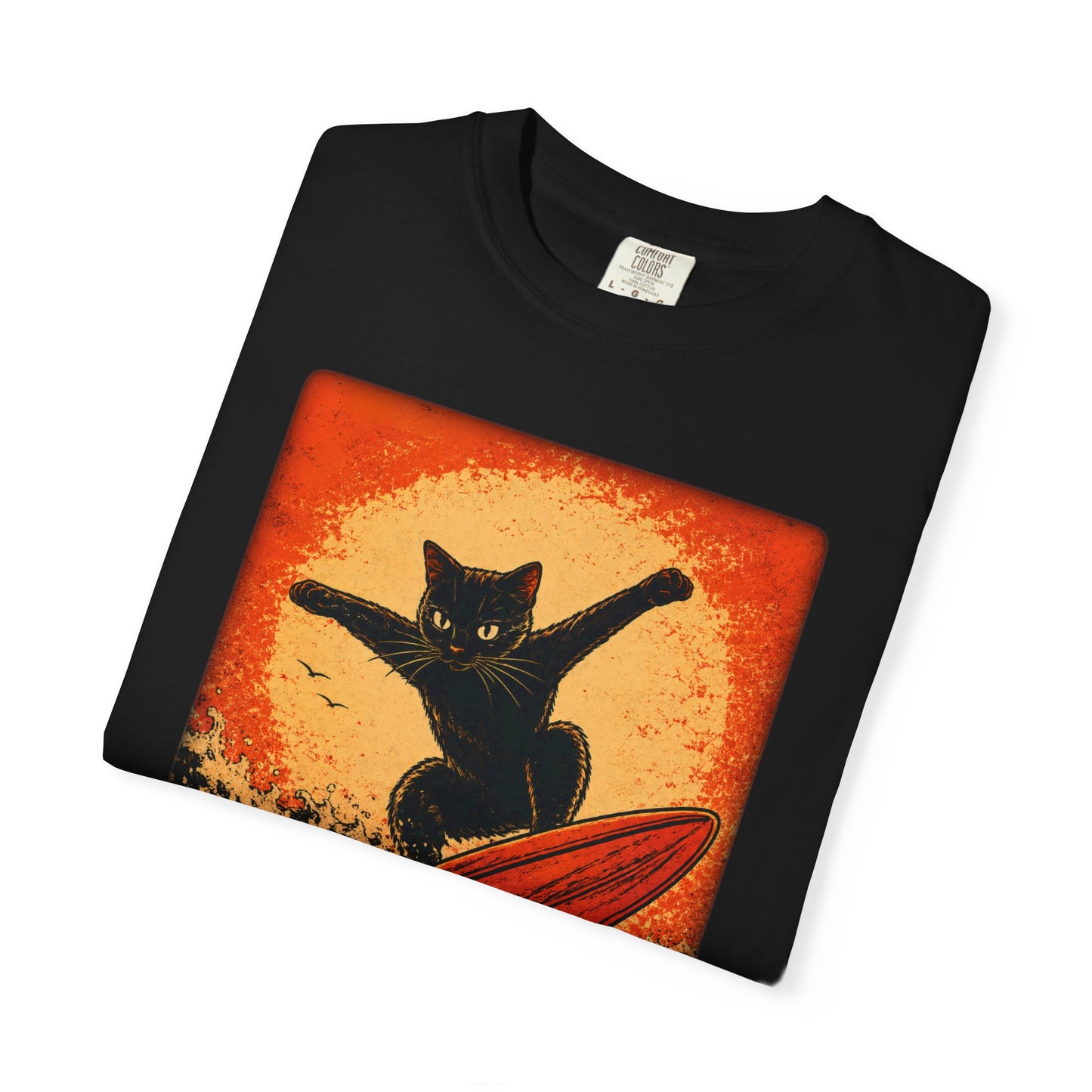 Retro Black Cat Surfing T-Shirt — Vintage Surf Poster Tee