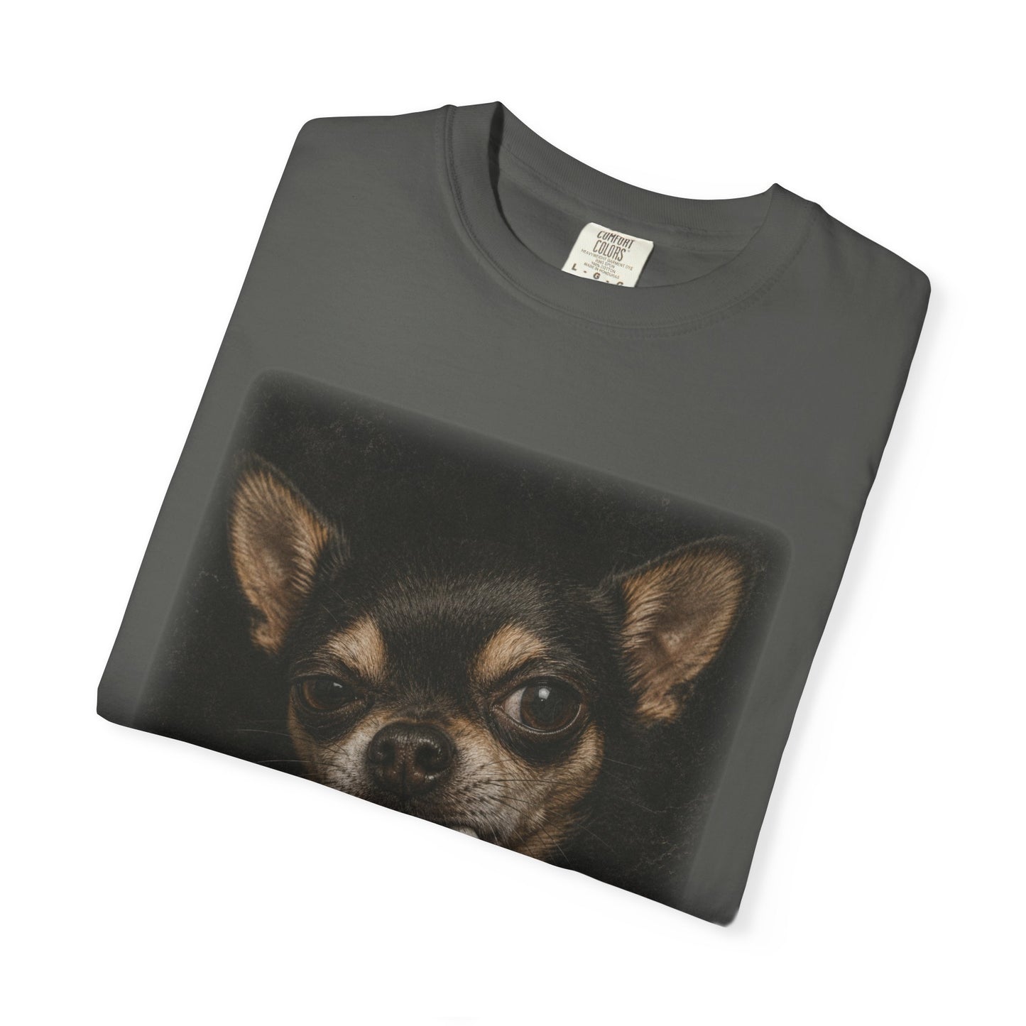 Tough Side-Eye Chihuahua T-Shirt — Distressed Photo Realistic ’Paws Cause Cancer’ Design