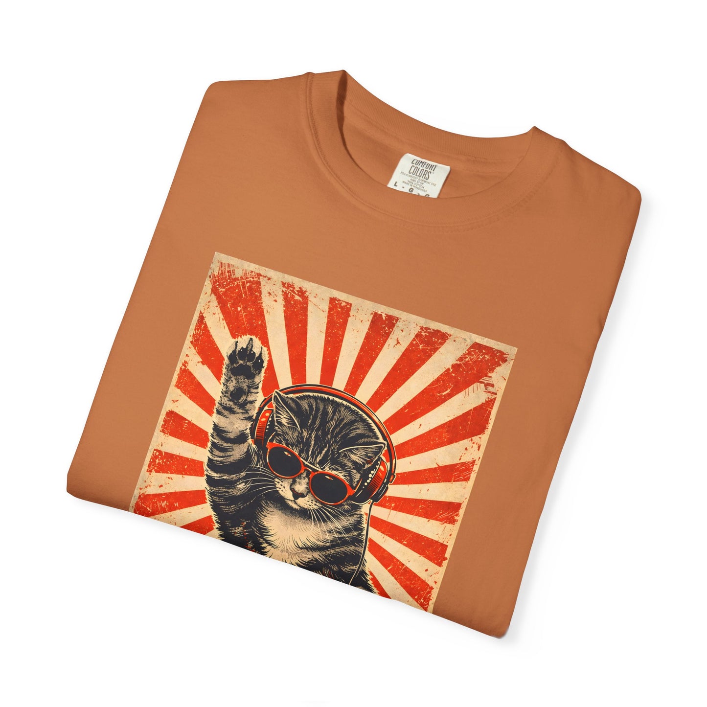 Retro DJ Cat T-Shirt — Vintage Sunburst Distressed Poster Design