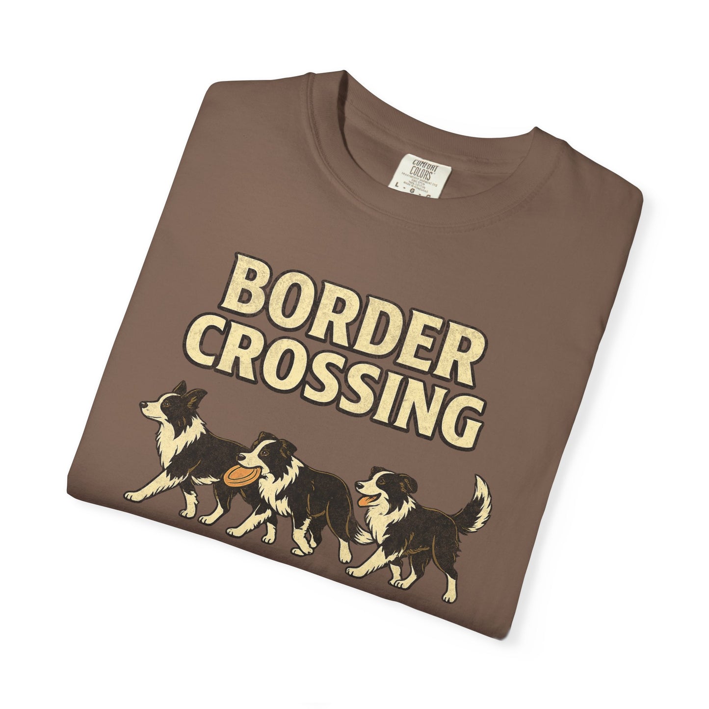 Vintage Graphic Border Collie 'Border Crossing' T-Shirt, Funny Gift for Border Collie and Dog Lovers