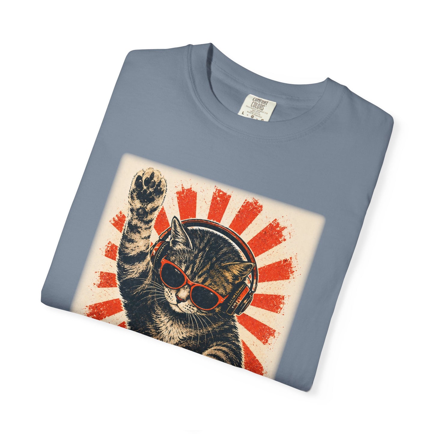 Retro DJ Cat T-Shirt — Vintage Sunburst Distressed Poster Design
