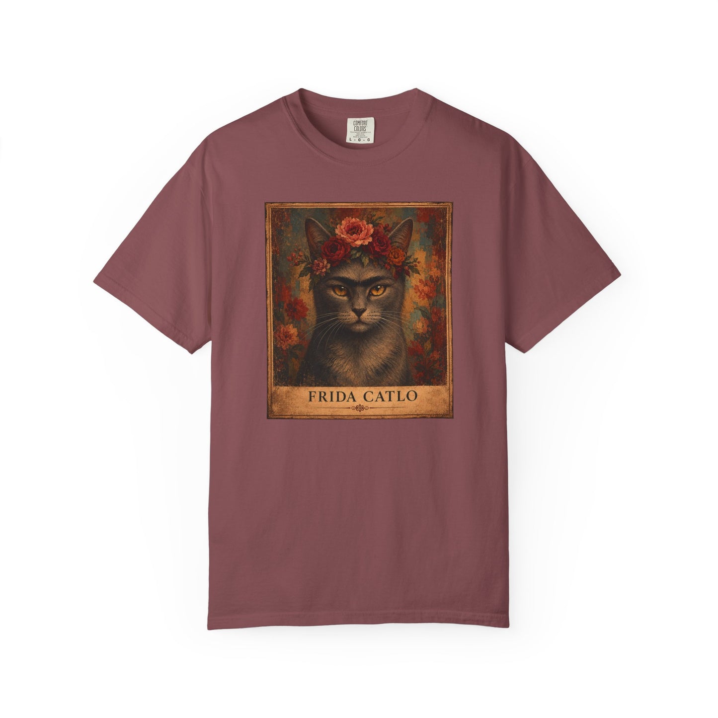 Frida Catlo Art Parody T-Shirt — Funny Frida Kahlo Cat with Flower Crown
