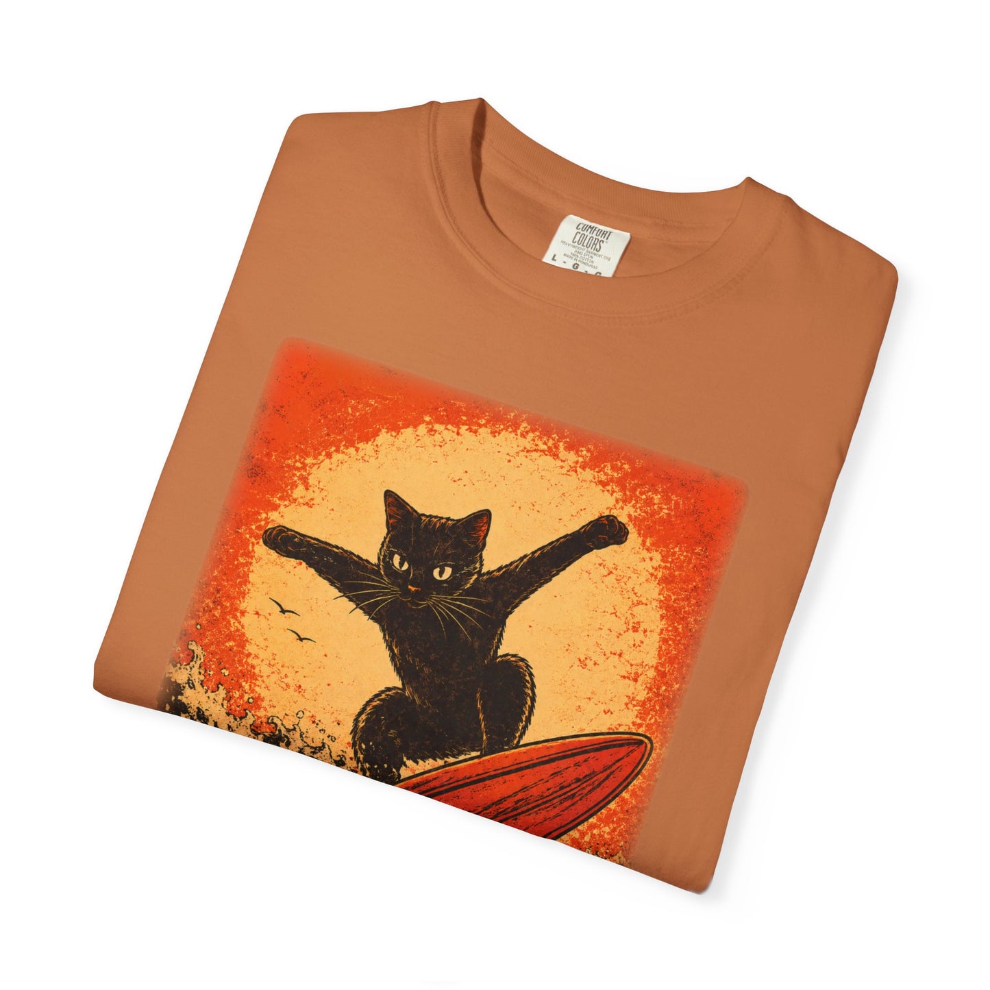 Retro Black Cat Surfing T-Shirt — Vintage Surf Poster Tee