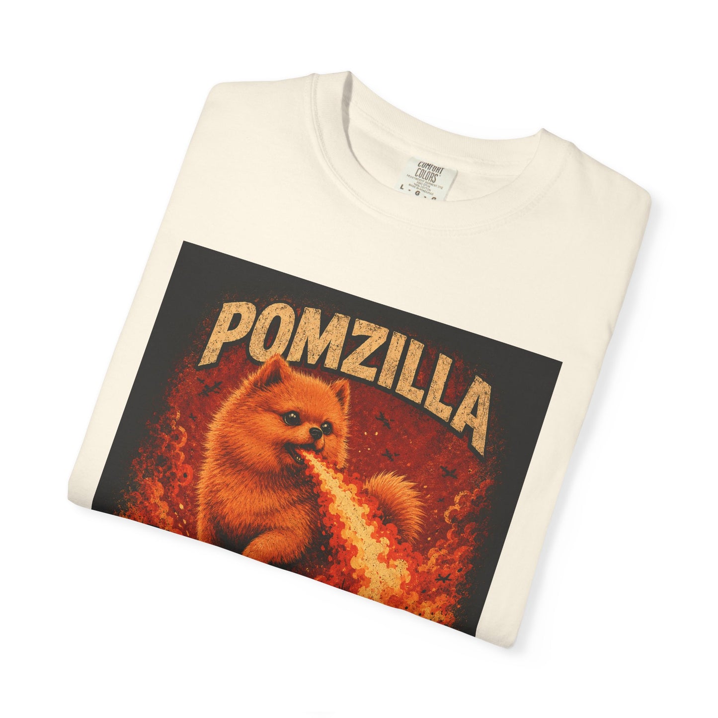 Pomzilla Funny Pomeranian Monster T-Shirt | Retro Kaiju Dog Graphic Tee | Vintage Fire-Breathing Pom Shirt