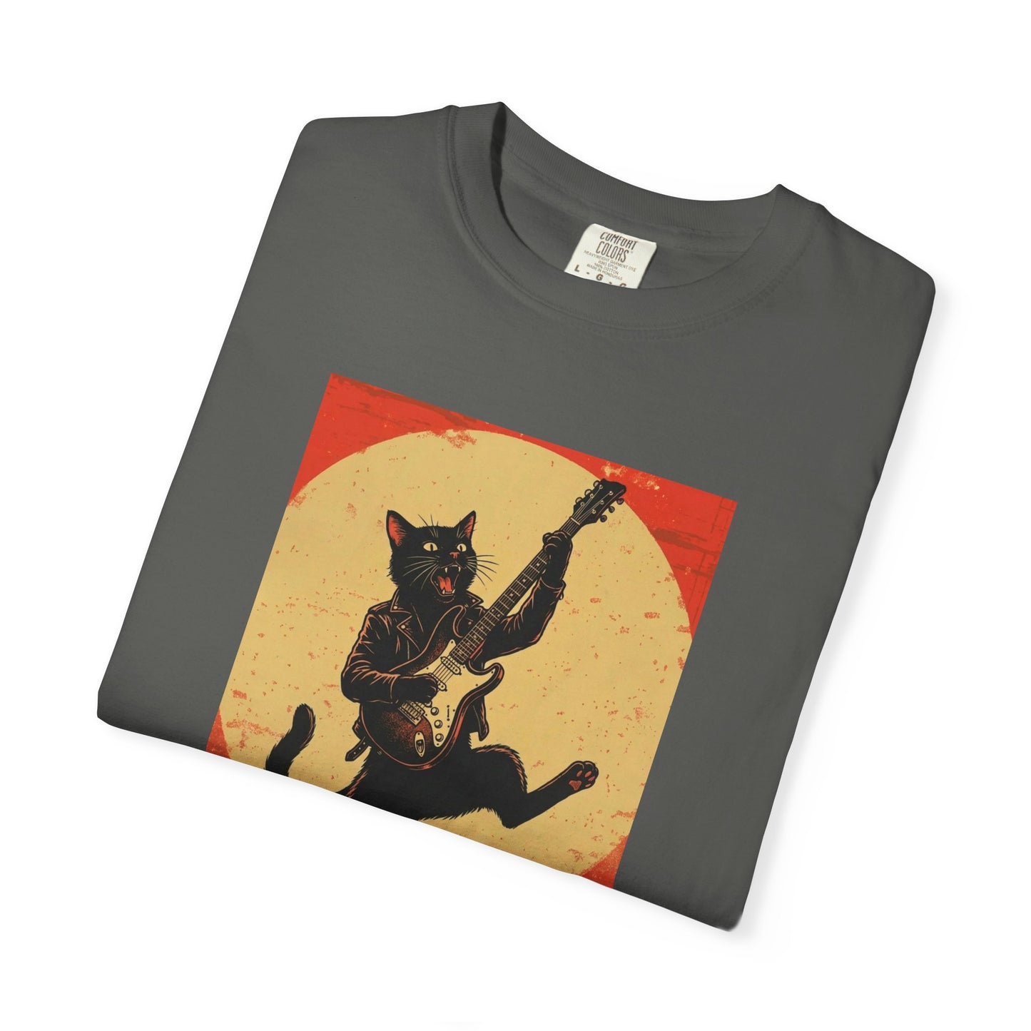 Retro Distressed Black Cat Rocker T-Shirt — Jumping Guitar Vintage Tee