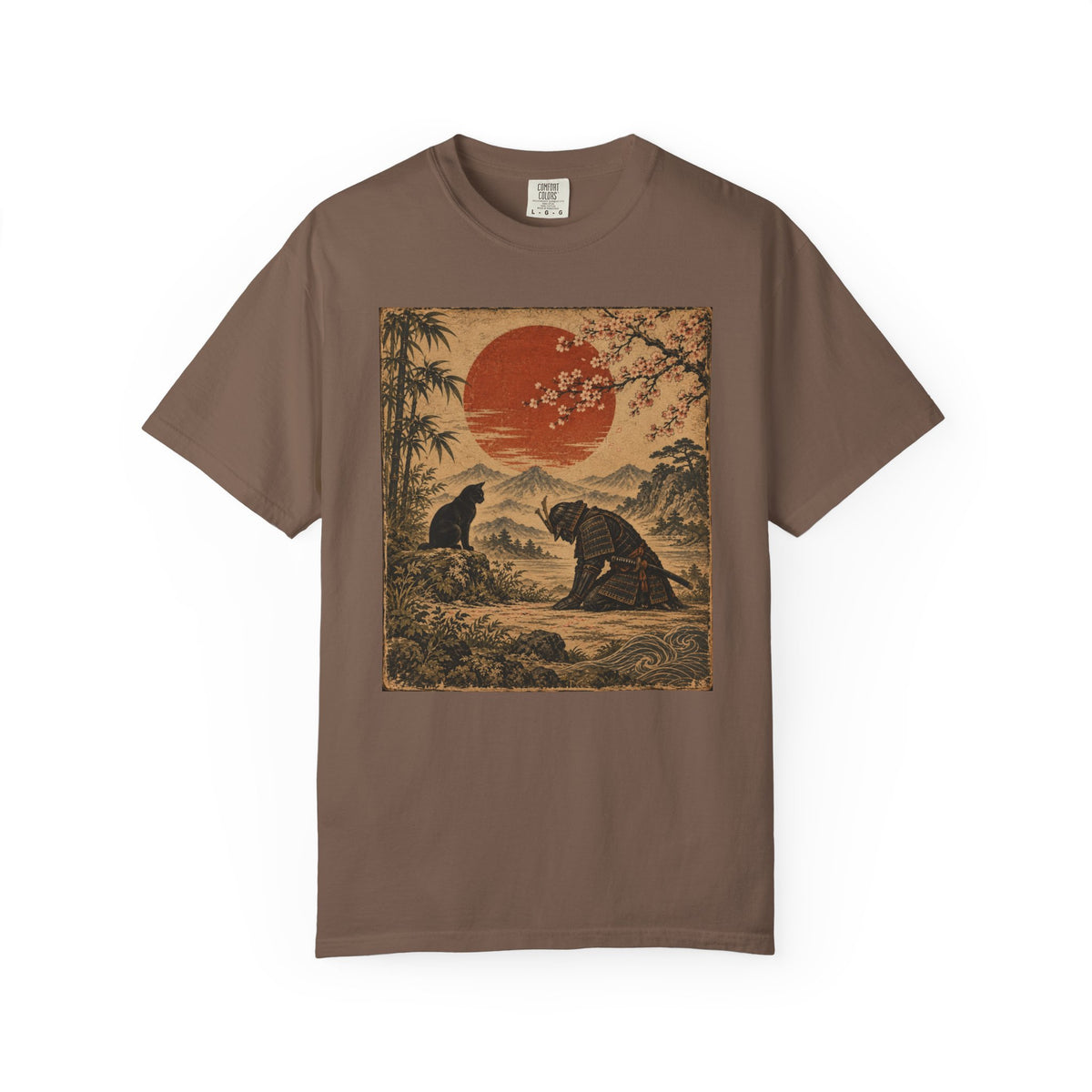 Vintage Japanese-Inspired Samurai & Black Cat Shirt Graphic Tee
