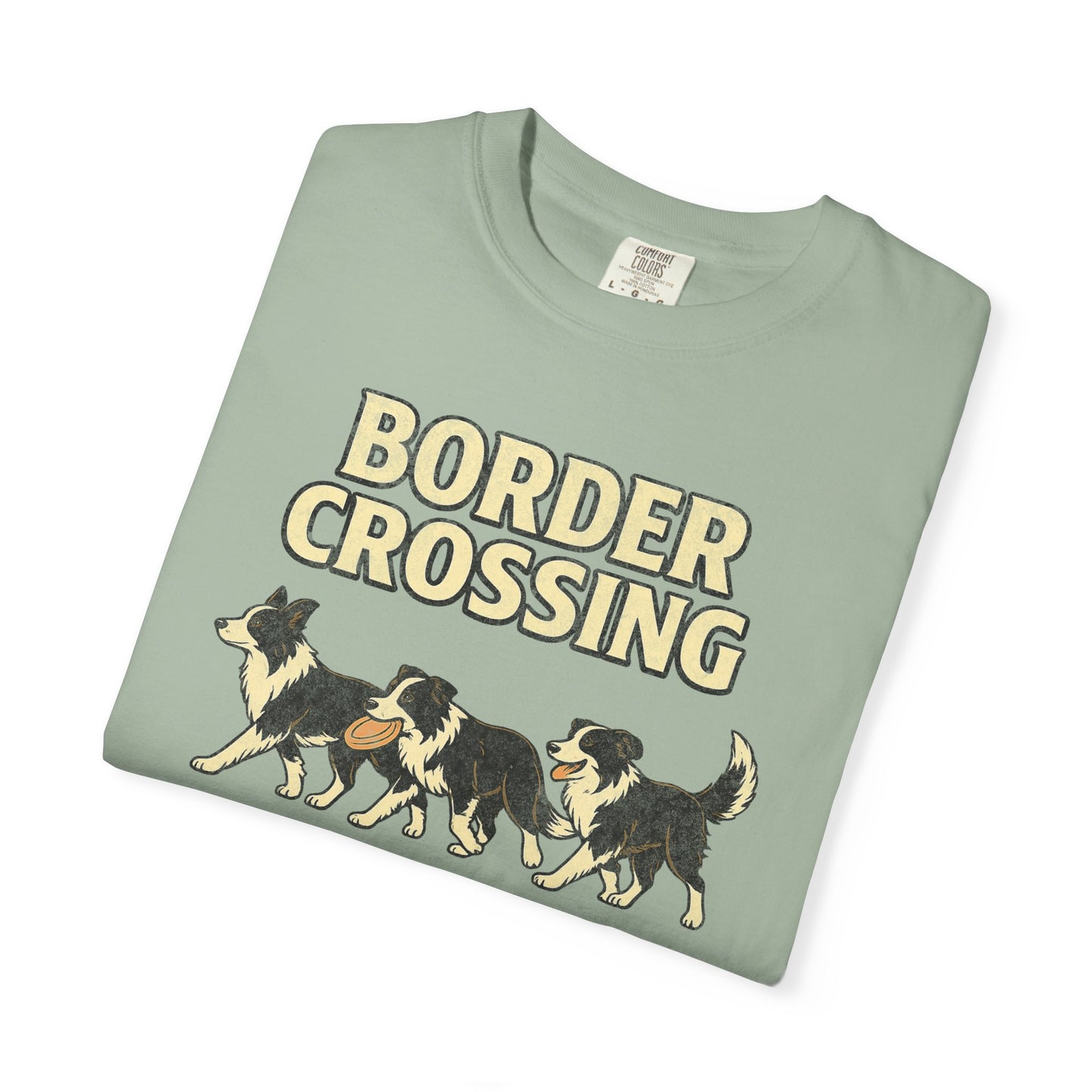 Vintage Graphic Border Collie 'Border Crossing' T-Shirt, Funny Gift for Border Collie and Dog Lovers