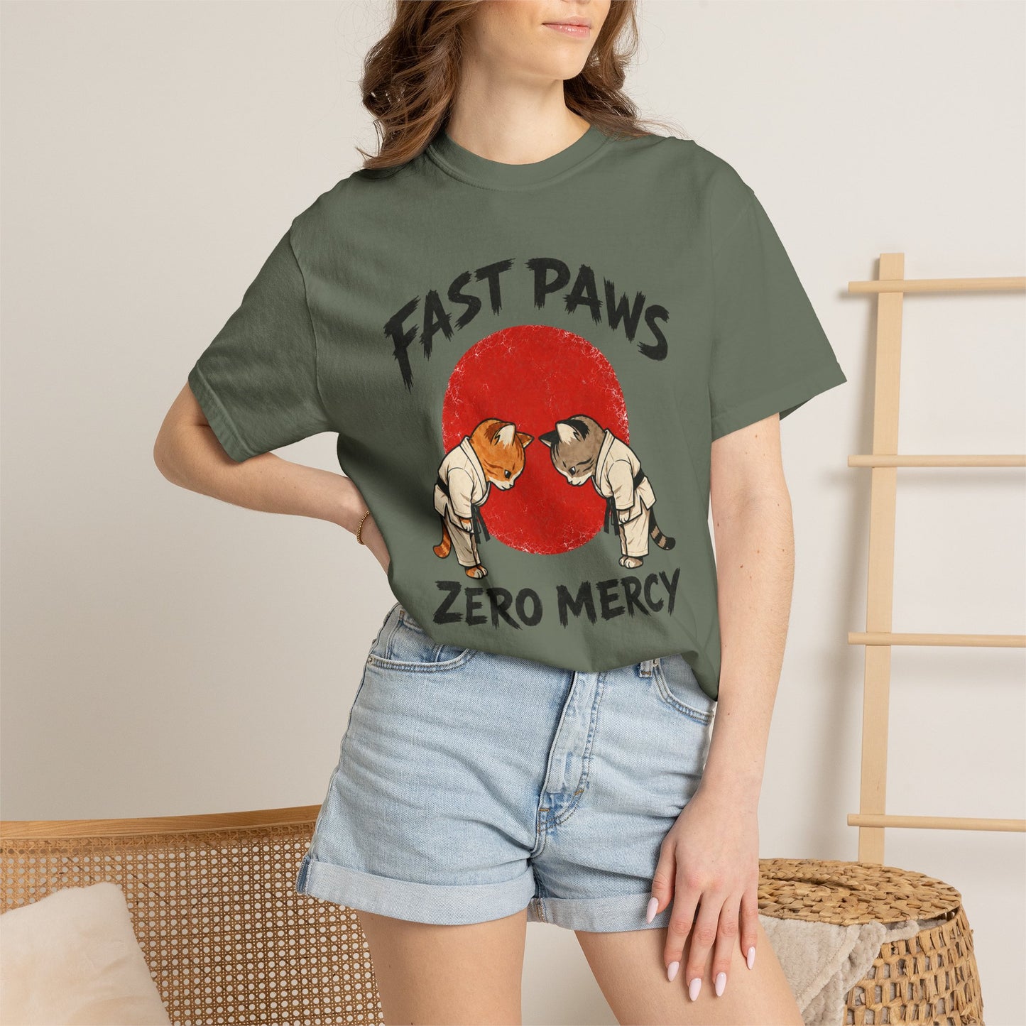 Fast Paws Zero Mercy T-Shirt | Funny Karate Cat Graphic Tee