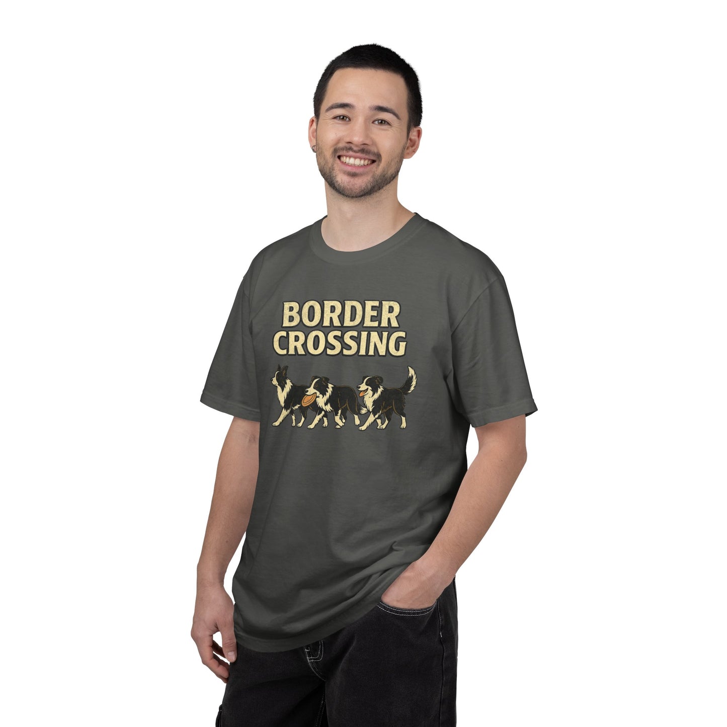 Vintage Graphic Border Collie 'Border Crossing' T-Shirt, Funny Gift for Border Collie and Dog Lovers