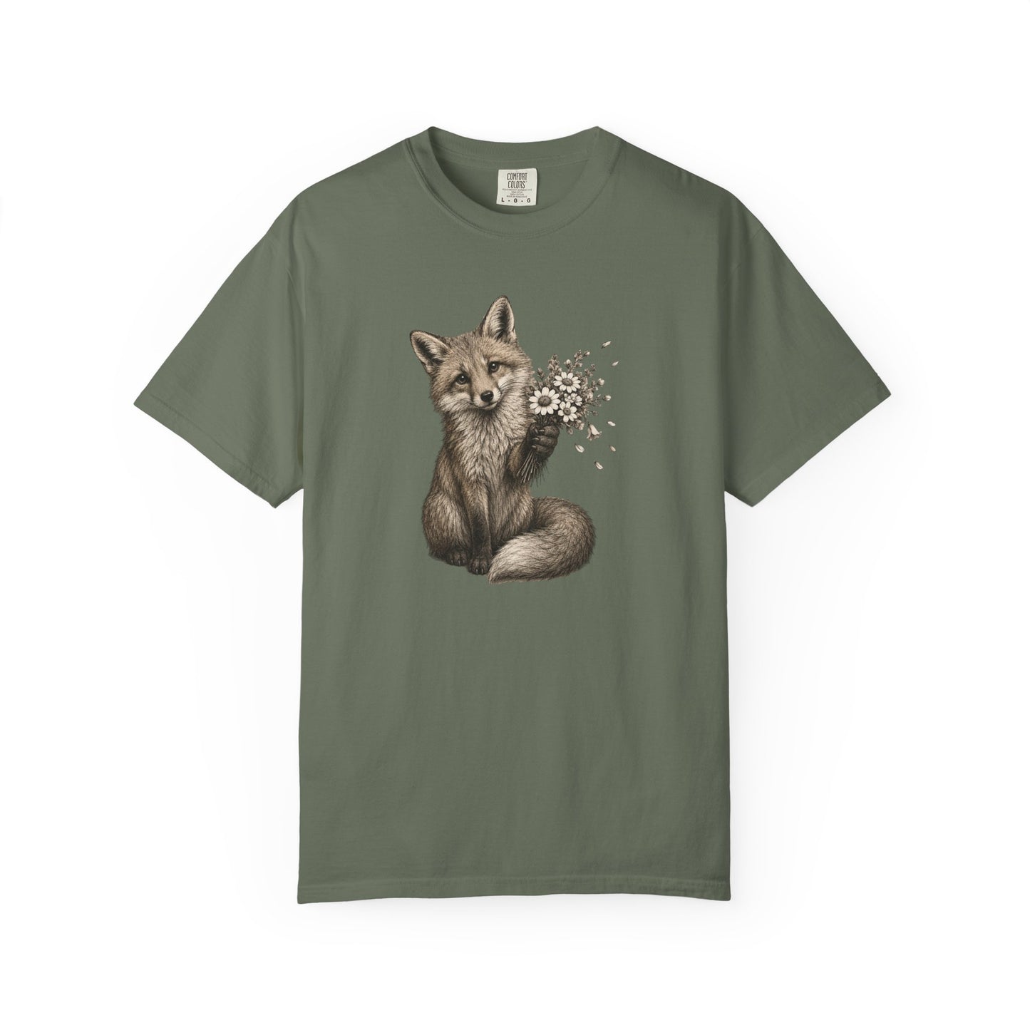 Cute Fox Holding Wildflower Bouquet T-Shirt — Gift, Nature Lover Tee, Woodland Animal Graphic Tee