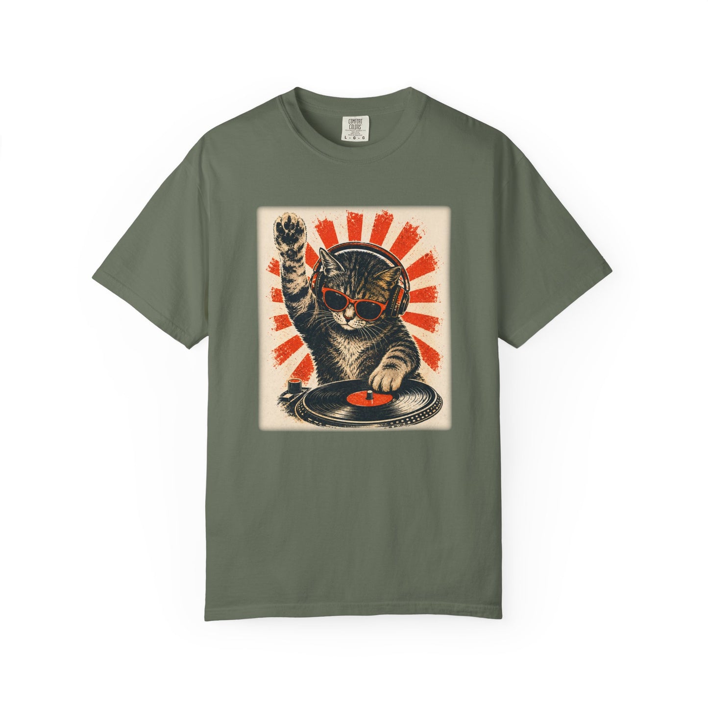 Retro DJ Cat T-Shirt — Vintage Sunburst Distressed Poster Design
