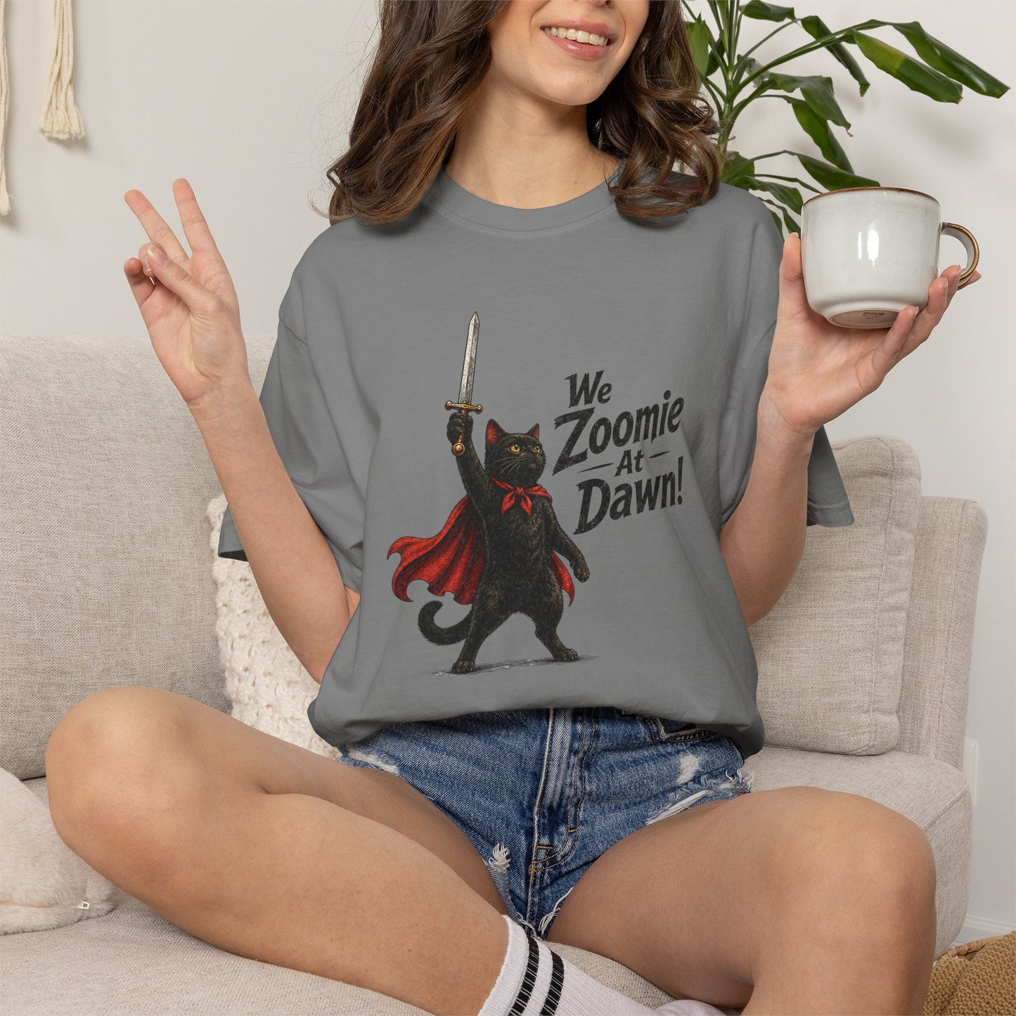 We Zoomie at Dawn Cat T-Shirt | Funny Black Cat Knight Graphic Tee | Comfort Colors Shirt