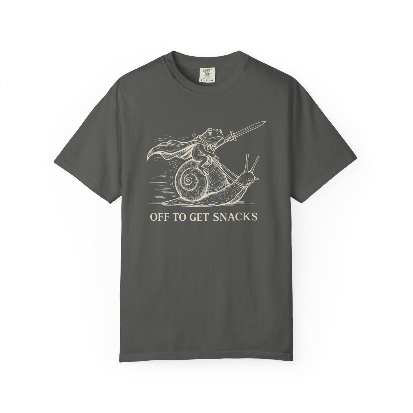 Frog Knight Riding Snail T-Shirt — "OFF TO GET SNACKS"